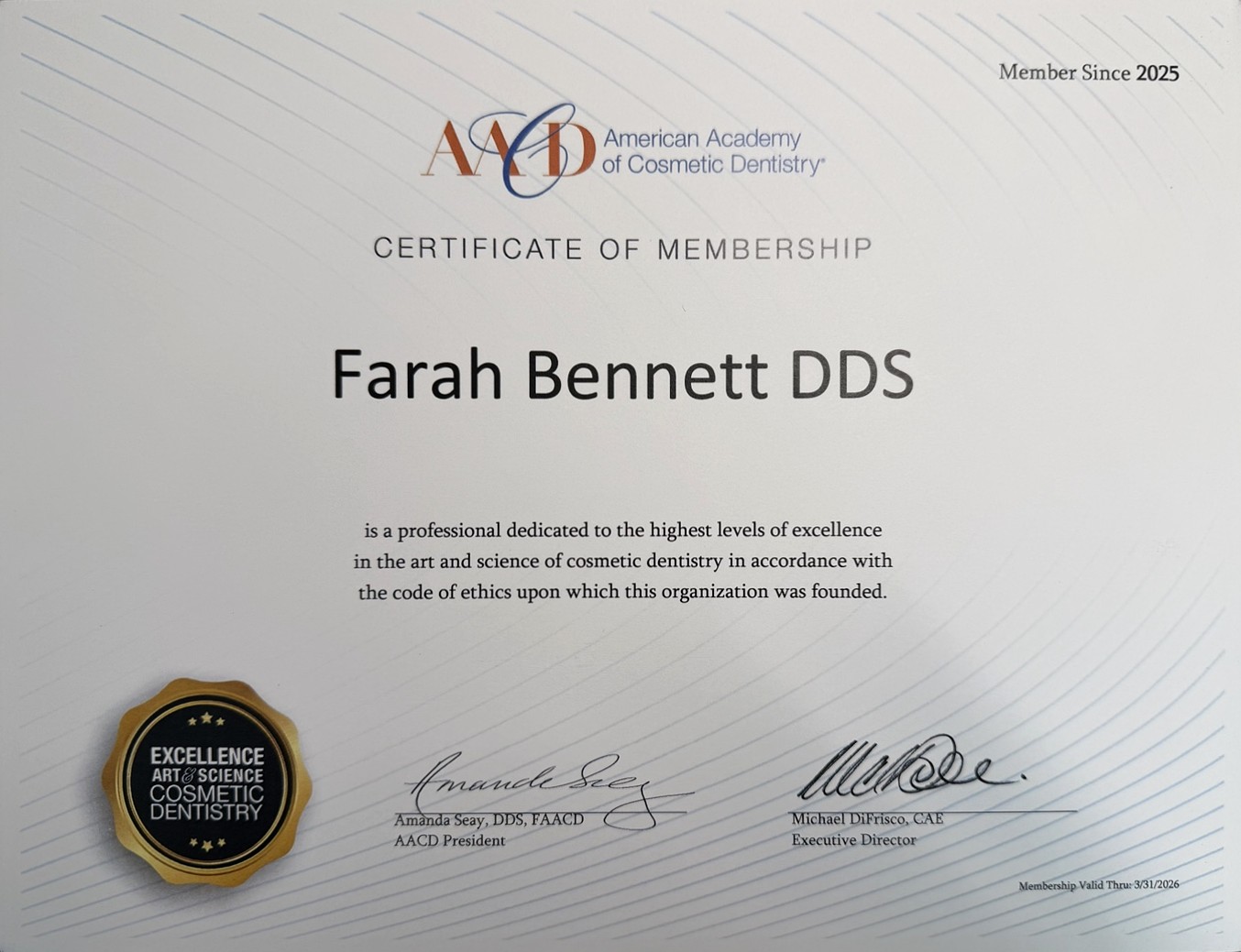 Dr. Farah Bennett American Academy of Cosmetic Dentistry membership certificate