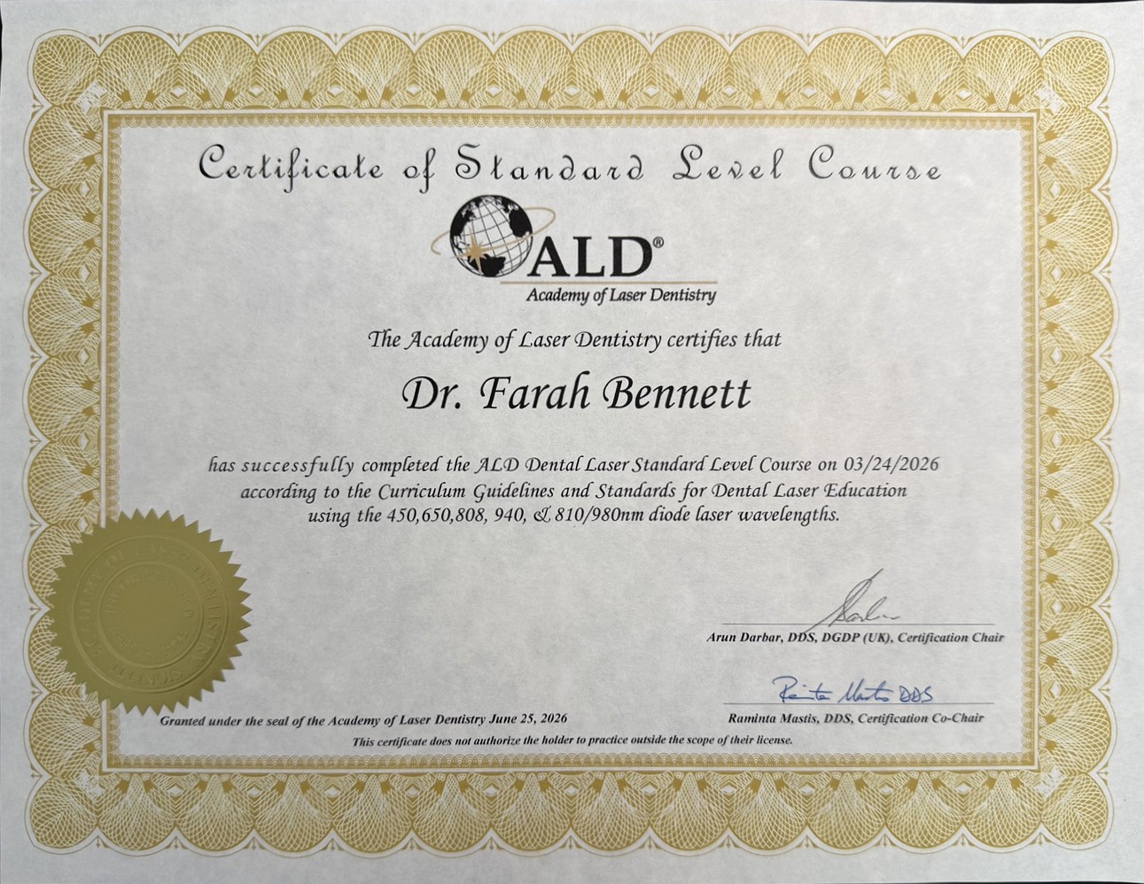 Dr. Farah Bennett AILD Laser Standard Course certificate
