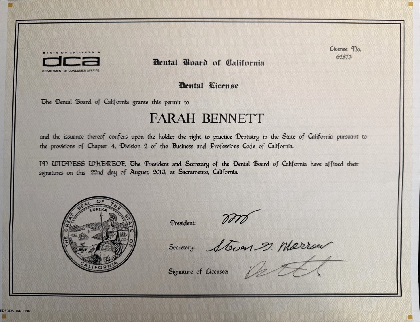 Dr. Farah Bennett California dental license certificate