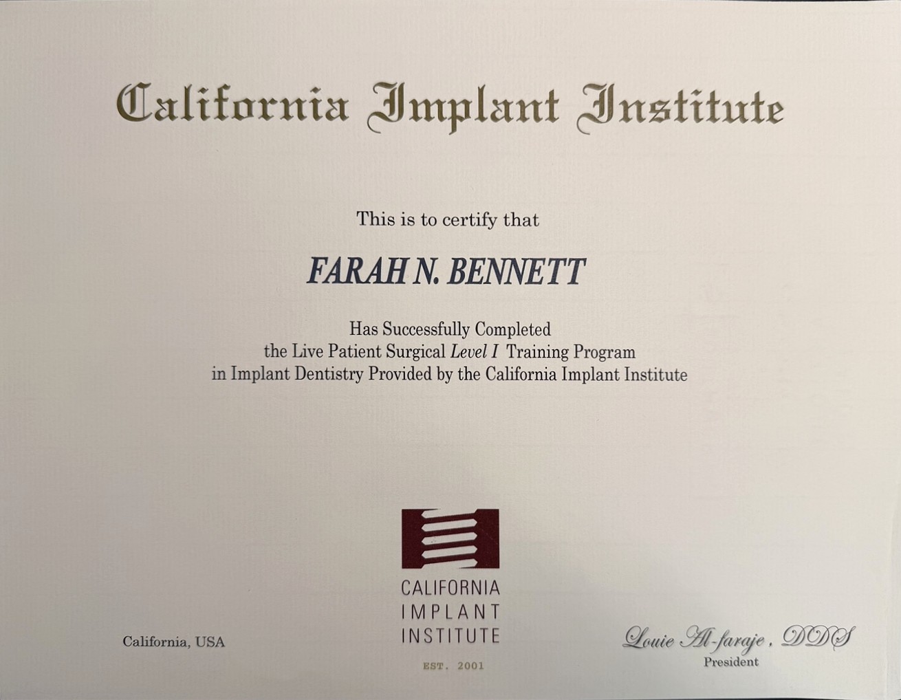 Dr. Farah Bennett California Implant Institute Level 1 training certificate